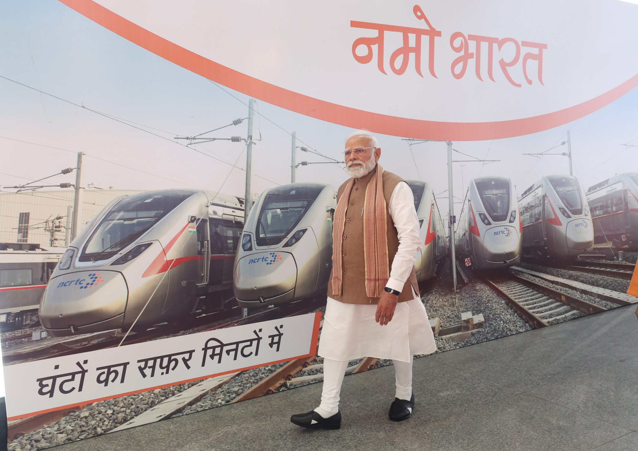 PM walks through the exhibition at Shatabdi Nagar Namo Bharat Station, in Meerut, Uttar Pradesh on February 22, 2026.