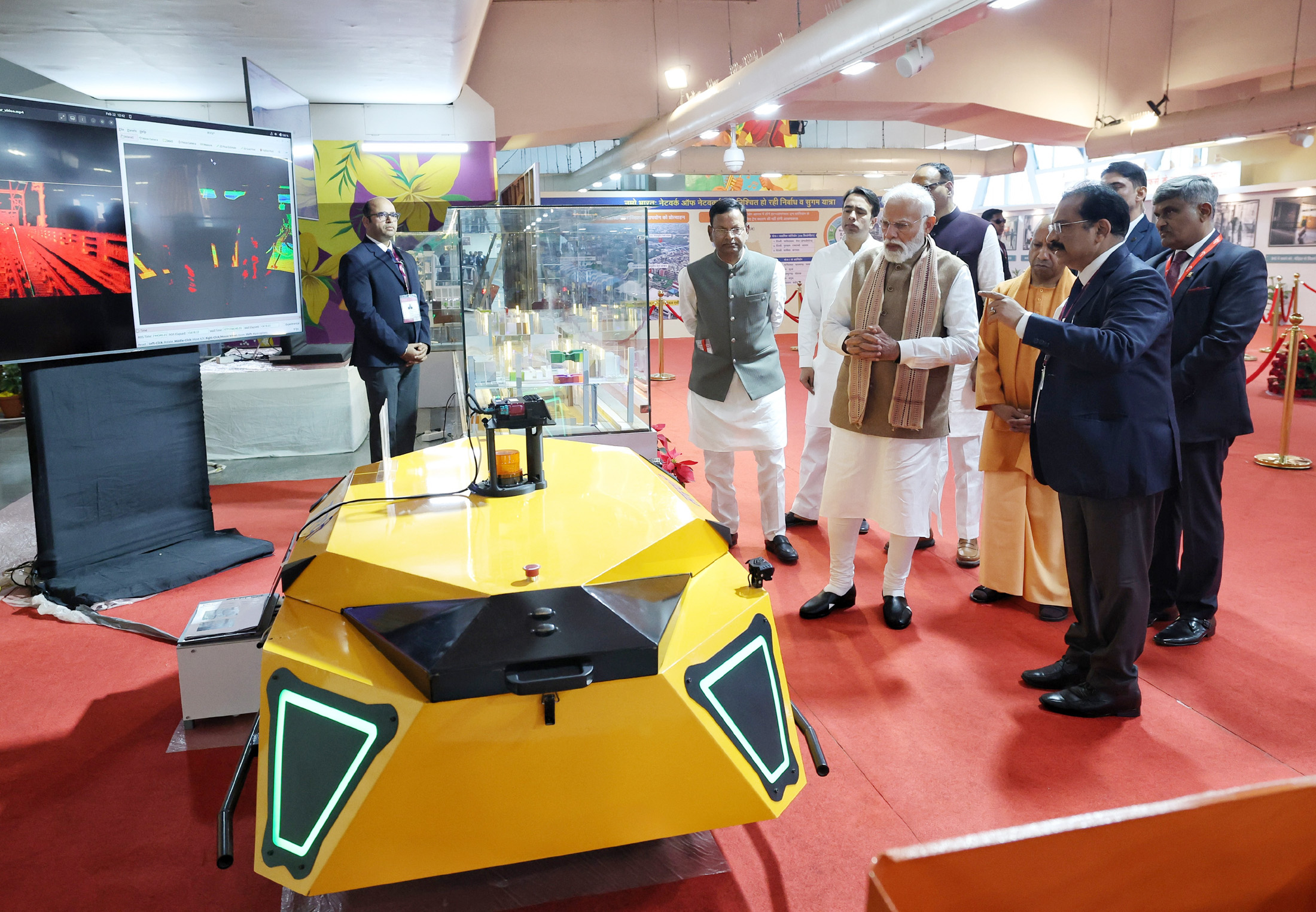 PM walks through the exhibition at Shatabdi Nagar Namo Bharat Station, in Meerut, Uttar Pradesh on February 22, 2026.